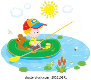 Boy with his pup in an inflatable boat fishing on a pond