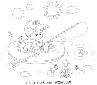 Boy with his pup in an inflatable boat fishing