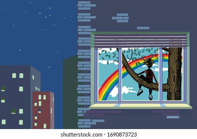  A boy in his room imagines that he is sitting outside on a tree looking at the rainbow on a beautiful spring day