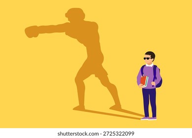Garoto com sua sombra como boxeador. Conceito de Sonho de Carreira Futura