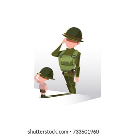 Boy With His Shadow As Soldier. Future Career Dreaming Conept, Small Kid Wants To Be A Soldier In The Future - Vector Illustration