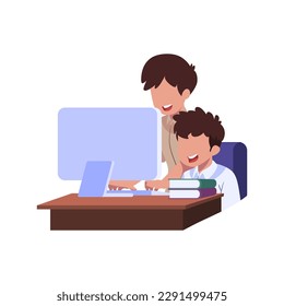 A boy and his teacher are working on a computer.