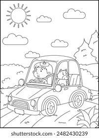 Niño con su osito de peluche en un coche para colorear página para colorear libro