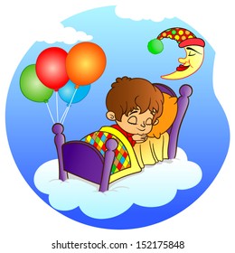 Boy and his teddy sleep. Cartoon illustration. 