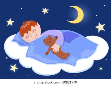 Boy and his teddy sleep. Cartoon vector illustration.