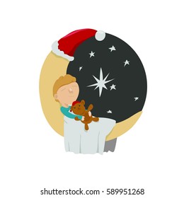 Boy and his teddy sleep on the moon. Cartoon vector illustration