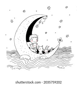 boy and his toys are floating on the moon on the sea. A fairy tale about a cute baby and his friends. Hand drawing isolated objects on white background. Vector illustration.  