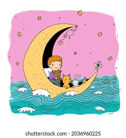 boy and his toys are floating on the moon on the sea. A fairy tale about a cute baby and his friends. Hand drawing isolated objects on white background. Vector illustration. 