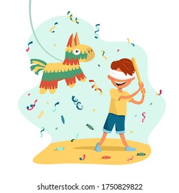 The boy hits the pinata in traditional colors. Cartoon vector illustration isolated on white background.