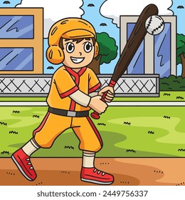 Boy Hitting Baseball Colored Cartoon Illustration