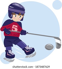 Boy hockey player in a blue suit, with a hockey stick. Sporty and cheerful plays.