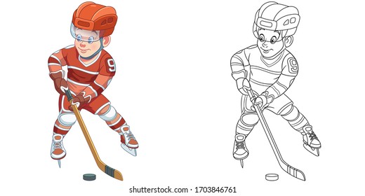 Boy hockey player. Coloring page and colorful clipart character. Cartoon design for t shirt print, icon, logo, label, patch or sticker. Vector illustration.