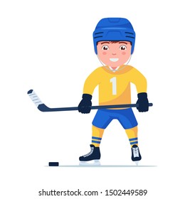 Boy hockey player is ice skating in a sports uniform with a stick and a puck. Sports child plays professional hockey. Vector illustration isolated on white, flat style.