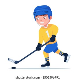 Boy hockey player in a sports uniform plays with a stick and a puck. Young child plays professional hockey. Vector illustration side view isolated on white, flat style.