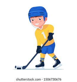 Boy hockey player in sports uniform getting ready to hit the puck with a stick. Small child plays professional hockey. Vector illustration isolated on white, flat style.