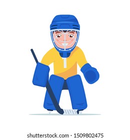 Boy hockey player is standing in sports goalie uniform. Goalkeeper kid stands with a stick and a professional protective hockey uniform. Vector illustration isolated on white, flat style.