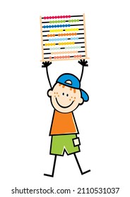 Boy hold abacus, funny vector illustrtion. Color picture on white background.