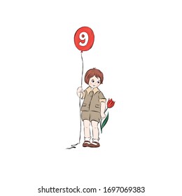 Boy hold balloon with inscription 9. Drawing for greeting card with great victory