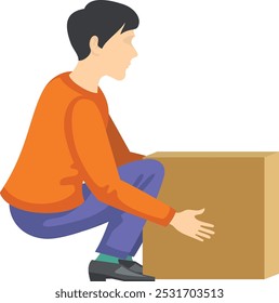 Boy hold cardboard box. Lifting pack concept