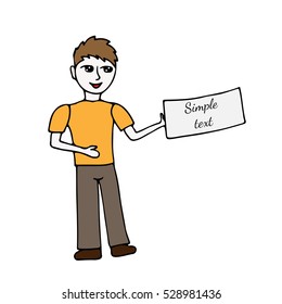 Boy hold in the hand paper with place for text. Vector illustration.