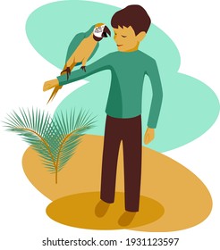 Boy hold macaw parrot on his hand, happy child with animal friend on tropical background, vector illustration