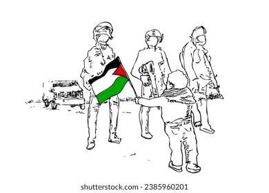 boy hold palestine flag, in front of israel army vector hand draw sketch
