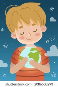 Boy hold shining little planet earth in his hand. Friendly kid hug and take care about the peace. Ecology poster for children.