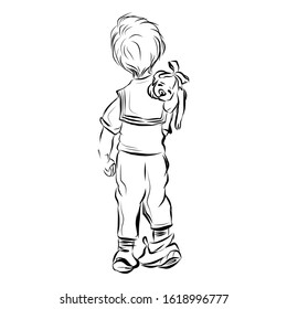 Boy hold soft toy dog and standing back. Coloring page. 