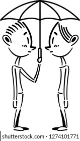 Boy hold an umbrella for boy. Couple under same umbrella. Lgbt couple.