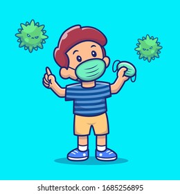 Boy Hold And Wear Mask Vector Icon Illustration. Corona Mascot Cartoon Character. People Icon Concept White Isolated. Flat Cartoon Style Suitable for Web Landing Page, Banner, Flyer, Sticker, Card