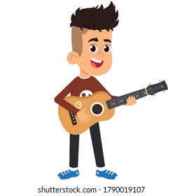 Niño sosteniendo una guitarra acústica. niño aprende a tocar la guitarra. ilustración vectorial