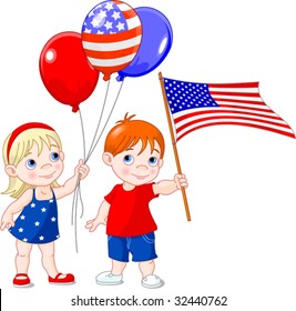 Boy holding American flag  and a girl with balloons