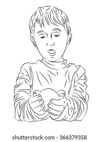 boy holding an apple and looking at it, vegetarianism, boy, child holding an apple and looking at him. Vector illustration on the theme of food.