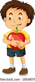 Boy holding apple on white background illustration