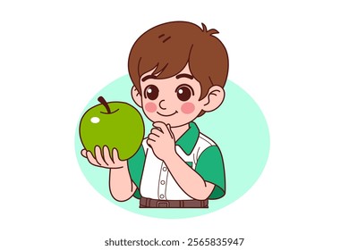 The boy is holding an apple. Vector illustration in cartoon style.