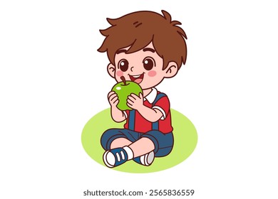 The boy is holding an apple. Vector illustration in cartoon style.