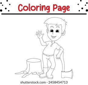 boy holding ax after chopping wood coloring book page for kids and adults