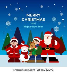 A boy holding a baby Rudolph, Santa Claus holding a large gift package, a girl in Santa costume with a ribbon, a cute snowman.