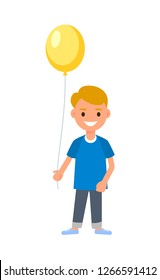 Boy holding a balloon. Happy cartoon character congratulations on the birthday, new year, mothers day. Vector illustration isolated on white background