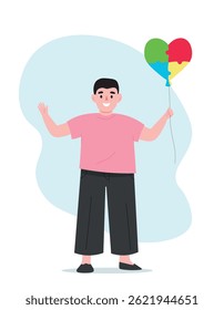 Junge, der einen Ballon in der Form eines Herzens mit bunten Rätsel als Symbol für Unterschied, Autismus, psychische Gesundheit hält. Vektorgrafiken mit flachen Grafiken.