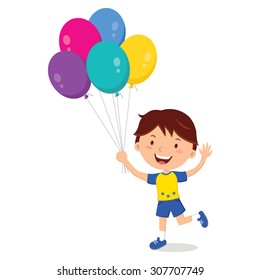 Boy holding balloons isolated. Happy boy gesturing with colorful balloons.