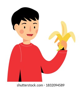 The boy is holding a banana. guy eating fruit