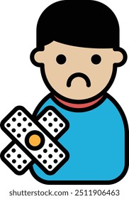A boy is holding a bandage in his hand. He looks sad. Concept of someone who is injured or in pain