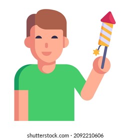 Muchacho sostiene un banger, icono plano del cracker diwali 