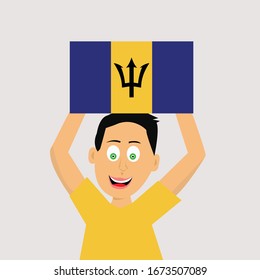 niño sostiene la bandera de Barbados. ilustración vectorial.