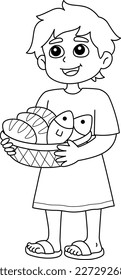 Boy holding Basket with Bread and Fish Isolated