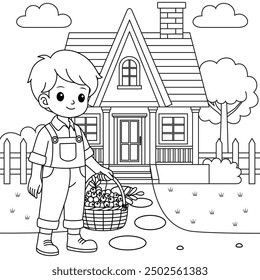 The boy holding the basket of cranberries outline coloring page. Thanksgiving hand drawn colouring	
