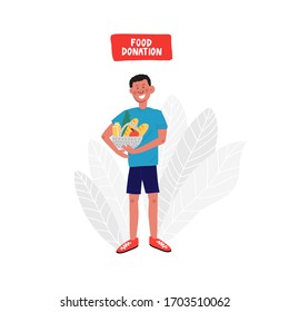Boy holding basket with food. Food donation hand drawn vector concept.