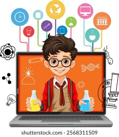 Boy holding beakers, surrounded by science icons