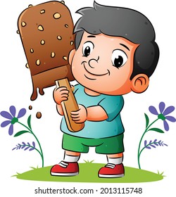 The boy is holding the big chocolate ice cream in the garden of illustration